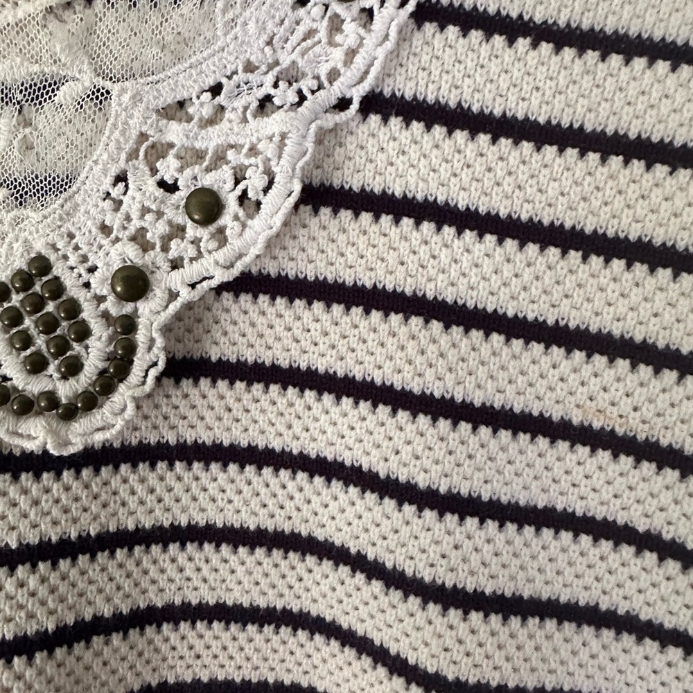 Topshop Lace Collar Striped Knit Sweater Size 10 Cream Navy Studded Crochet - Picture 3 of 6